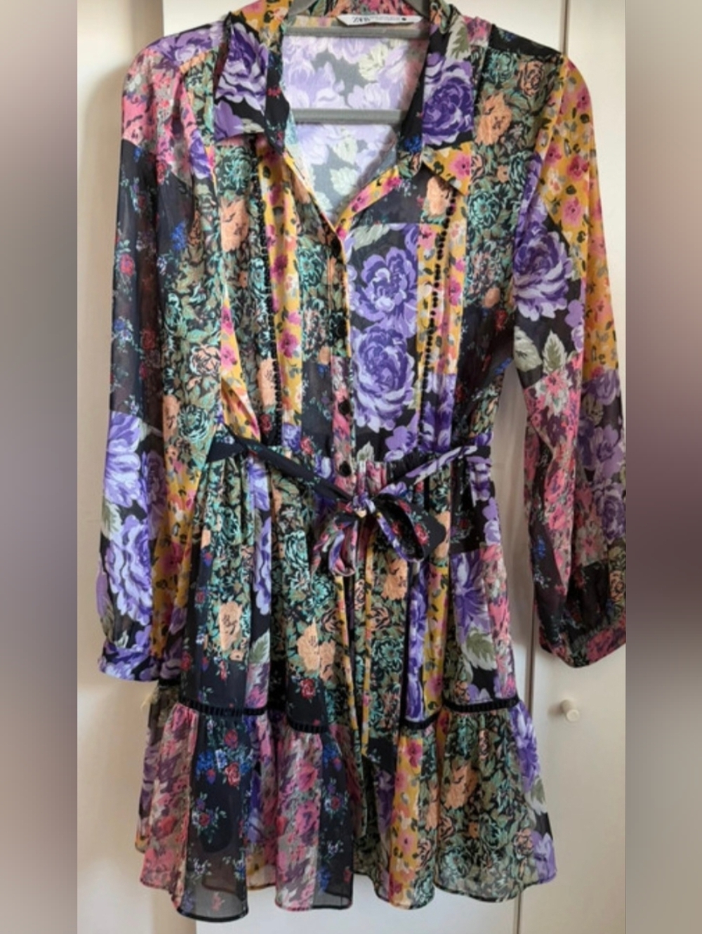 Zara Floral Tiered Button-Front Midi Dress in Black and Purple